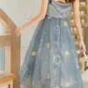 Starmoon Floral İşlemeli Örgü Kayma Elbise Kadın Spagetti Kayışı Bir Çizgi Tunik Uzun MIDI Peri Yaz 210427