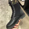 Black motorcycle boots knitting F print logo cloth leather Martin boots elastic cloth sleeve women shoes