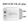 Carregadores 20W USB Quick Type C PD Carregamento rápido QC 3.0 Carga de parede Adaptador de plugues UE-EUA para iPhone 12 Pro Max 15 Adaptadores de energia doméstica USB-C US Plug UE Cabos rápidos Adaptador de telefone do Reino Unido