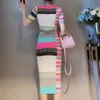 Летние женщины 0-образные шеи с коротким рукавом полосатый корпусного колена платье сексуальное вечеринка нож клуб Intarsia свитер C-065 210522