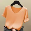 Gestrickte Kurzarm Shirt Frauen Tops Solide Korea Sommer T-shirt Dünne V-ausschnitt Stricken Weibliche T-shirt Casual T Shirt 13539 210527