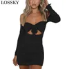 Schulterfrei Herbst Mini Sexy Partykleid Langarm Bogen aushöhlen gerafft figurbetont rückenfrei Club Damen Slim es 210507