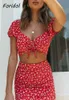 Women Fashion Red Cropped Dress Suits Floral Print Bodycon Mini 2 Pieces Sets Summer Beach Boho Vestidos 210427