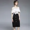 Летняя женская мода 2 кусок наборы росы шумирные рубашки Top + однобортная черная юбка из двух частей Леди девушки Ski 210514