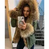 Maomaokong roupas de inverno mulheres casaco de pele natural real guaxinim colarinho de pele parkas faux foring casaco curto adicionar placket cuf 211122