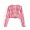 BBWM WOMAN Summer Female Square Collar Sweet Pink Plaid Short shirt Close-Fitting long-sleeved Top 210520