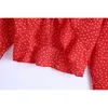 Elegante vrouwen v-hals polka dot shirts mode dames rode trekkoord korte tops sexy vrouwelijke zoete chique ruches blouses 210427