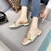 stylishbox ~ y21051202 black/beige sandals see through lace slidesgold buckle summer square toe mules shoes casual