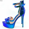 Rontic Nya Kvinnor Plattform Glänsande Sandaler Sexig Snake Stiletto Högklackat Öppna Toe Pretty Blue Dress Shoes Women US Plus Size 5-20