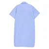 [EAM] Frauen Blau Asymmetrische Stickerei Gestreiften Hemd Kleid Revers Kurzarm Lose Mode Frühling Sommer 1DD8562 21512