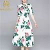 Summer Fashion Runway Bow Tie Robe Femmes Rose Floral Print Blanc Élégant Une Ligne Dames Midi Robes 210506