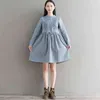 Robe Femme İlkbahar Sonbahar Kadın Pamuk Şerit Nakış Elbise Standı Yaka Uzun Kollu İpli Mori Kız Vintage 210520
