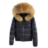 Large Real Raccon Fur Hooded Waterproof Winter Puffer Jacket Women Slim 90% Duck Down Coat Short Shiny Female Feather Down Parka 211023