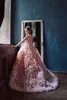 Ombre Pink Flower Girl Abiti per matrimonio 2022 Ballgown Collo alto Ruffles Gonne a strati Abiti da spettacolo per bambini Tulle Abito da prima comunione Sweep Train Festa formale