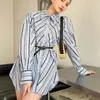Streetwear Estate Donna Chic Moda a righe con cintura Camicetta Femme Elegante casual manica lunga Camicia da donna Top Blusa coreana 210514