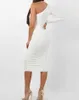 Mode élégante Sexy femmes blanc Cocktail fête Slim Fit robes une épaule ceinturée ruché conception moulante robe mi-longue Y1006