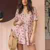 V Neck Printed Dress Summer Casual Butterfly Short Sleeve A Line Women Bandage Mini Beach Sundress Vestidos 210515