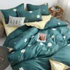 Flower Bedding Set 4 pcs folha plana + tampa de edredão pêssego margarida cama fronha de linho pastoral estilo pastoral outono verde 210831