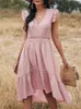 ATUENDO Summer Solid Pink Dress for Women Bohemian Sexy Soft High Waist Ladies Robe Boho Leisure Wedding Guest Silk Long Dresses Y220214