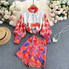 Deat Women High Waist Wide Leg Shorts Print Lantern Sleeve T-shirt Två Piece Set Fashion Spring Summer 11B508 210709