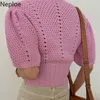 NEPLOE Vintage Knitwear Sweater Puff Sleeve Hollow Out Crochet Flower Cardigan Kvinnor Elegant V Neck Slim Sticka Crop Tops 4H955 210422