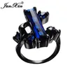 Anneaux de mariage JUNXIN Bleu Bijoux Zircon Pierre pour Femmes Hommes Noir Or Rempli Bague De Fête Cadeau D'anniversaire