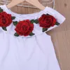 2-6Y, ropa infantil para niños, conjuntos de ropa para niñas, moda de verano con hombros descubiertos, Top de algodón con flores rosas en 3D, conjunto de falda, conjunto 210528