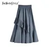 Nieregularne patchwork Ruffle Midi Spódnica dla kobiet Wysoka talia Linia Ruched Black Spódnice Kobiet Moda Odzież 210521