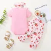 kids Clothing Sets girls Strawberry print outfits infant toddler ruffle sleeve Tops+stripe pants+Bow Headband 3pcs/set summer fashion baby Clothes