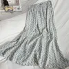 Temperament Fishtail Print Plisserad Midi Skirt Elastic High Waist Sweet Summer Slim Long Preppy Maxi Black Jupe 210529