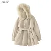 冬の女性の大きな毛皮の襟フード付きパーカーMIDI長い厚さ暖かいコートホワイトアヒル、調節可能なウエスト210430