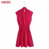 Tangada mulheres cor-de-rosa arco cor-de-rosa algodão mini vestido sem mangas coreano moda senhora vestidos casuais vestido 6z86 210609