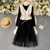 Neploe Autumn Fashion Elegant Suit All-match Mesh Patchwork Dress + New V-neck Drawstring Women Knitted Vest Two-piece Set 210423