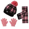 3 pièces ensemble enfants filles garçons écharpe chapeau gant costume mignon enfant en bas âge hiver chaud unisexe foulard à carreaux + pompon bonnet tricoté + gants