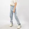 Streetwear Blue Hole Jeans Donna Estate Vita alta Pantaloni neri sottili larghi in denim dritto Marea femminile 5E326 210427