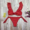 Kvinnors badkläder 2022 Push-up Padded Bh Ruffles Bandage Bikini Set Women Mid midja Tryck baddräkter