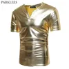 Блестящий золотой покрытый металлический ночной клуб футболки мужская марка Slim Fit V-образным вырезом футболка Homme Hip Hop Streetwear Tshirt Homme 210522