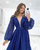 Royal Blue Long Puff Sleeves Formal Evening Dresses Sequined Sweep Train Backless Plus Size Prom Party Gowns