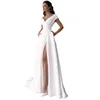 Lässige Kleider Sexy V-Ausschnitt Kurzarm Prom Hochzeit Weiß Kleid Nachtclub Abend Party Frauen Elegant Schlitz Lange Maxi 2022