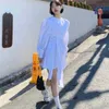 Koreaanse chique casual losse o hals bladerdeeg lange mouw kruis bandage witte shirts jurk vrouwen vestido feminino mode zwart wild 210610