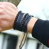 Flätat svart rep Multilayer Leather Charm Armband Set för män Kvinnor Justerbar Punk Trä Beaded Bangle Smycken