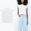 Ajur Nakış ZA Gömlek Kadın Kolsuz Fırfır Vintage Yaz Üst Kadın Moda Button Fit Beyaz İşlemeli Bluz 210602