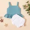 Conjunto de roupas de linho para meninas de verão INS para crianças Suspensório Colete tops babados + shorts 2 pçs/conjunto roupas boutique roupas infantis