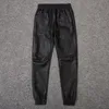 Top Quality France Style Mens Ripped Moto Pants Ribbed Skinny Black PU Leather Biker Slim Trousers Pencil Size S-5XL Men's
