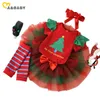 0-24M Mon 1er Noël Bébé Fille Vêtements Ensemble Rouge Barboteuse Vert Tutu Jupes Arc Bandeau Jambières Xmas Party Outfits 210515