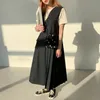 Yaz Kadınlar Vintage Gevşek Ince Zarif Kolsuz Kıvrımlar Maxi Elbise Minimalist Uzun Haki Lady Robe Pileli 210510