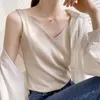 Été Brillant Satin Soie Tshirt Femmes Harajuku T-shirt Sans Manches Mode T-shirt Femme Tee Tops Casual Femme Luxe Sexy 220221