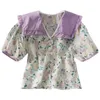 Кимутомо сладкий цвет контрастности цветочные блузка женская пэчворк Peter Pan воротник слоеного рукава летняя рубашка повседневная рубашка 210521