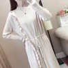 PERHAPS U Blue Black Apricot Caramel Purple Knitted O Neck Long Sleeve Empire Lace-up Knee Length Dress Autumn D1971 210529