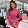 Elegancki Różowy Damski Bandaż Suknia Seksowna Wysoka Neck Z Długim Rękawem Bodycon Club Celebrity Party Vestidos Moda 210527